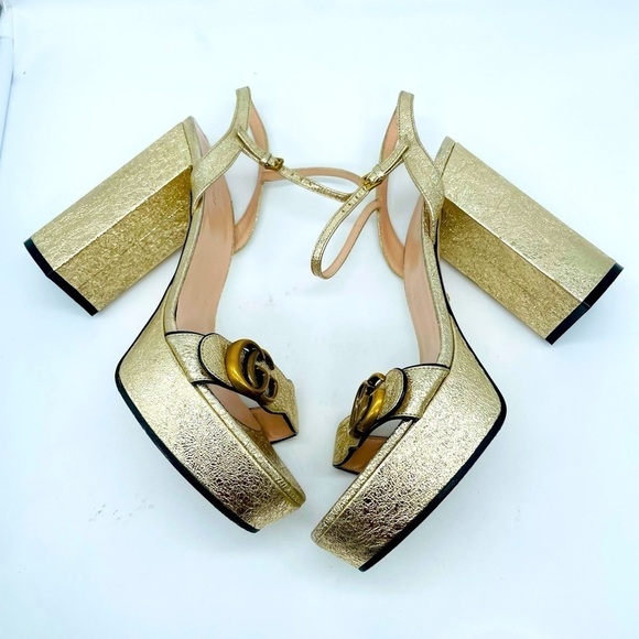 Gucci Galassia Metallic Gold leather GG Marmont ankle strap block heels 40.5 - Picture 5 of 11